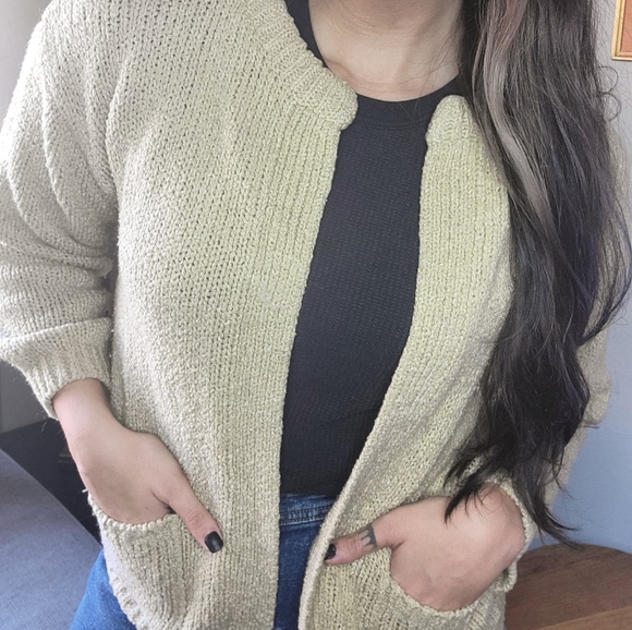 Vintage Boho Tan Knit Cardigan Large Womens 1970s 70s Open Sweater - Picture 1 of 10